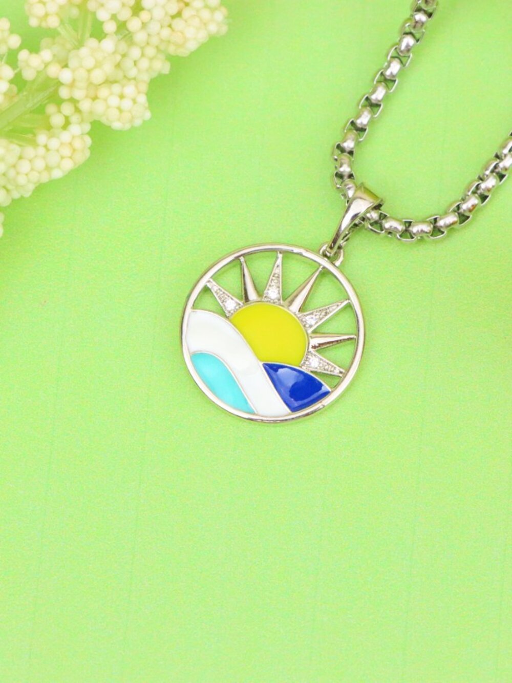 Round Silver Pendant with Colorful Sun and Wave Enamel Design, XPPT1867 - Picture 4 of 11